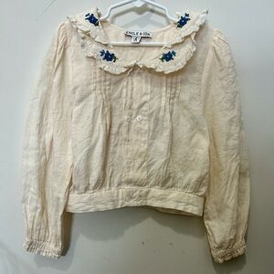 Emile et Ida Cream Blouse with Blue Floral Embroidery